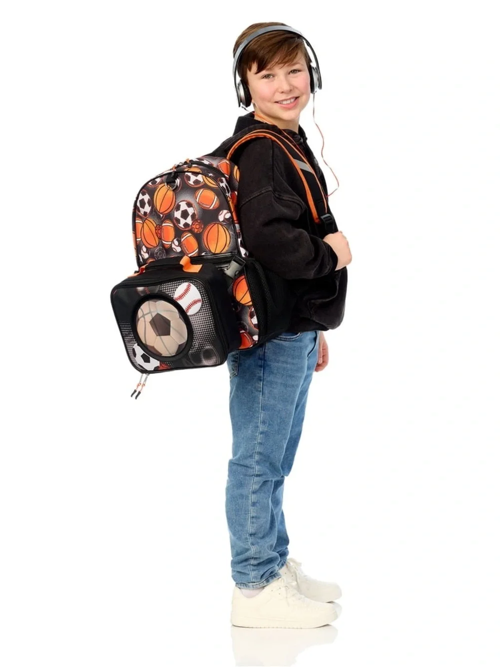 Kids Sports Ball Backpack with Headphones - Black & Orange W4